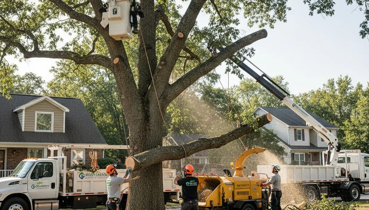 Professional tree removal crew working on a palm in Miami Beach, FL