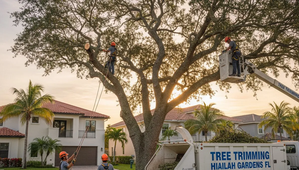 Professional tree removal service crew in Miami Beach FL safely cutting and clearing a large palm tree