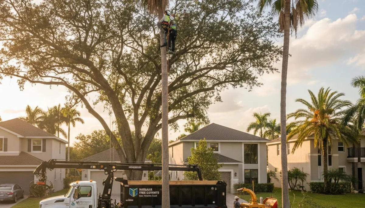 Tree removal crew cutting palm trees in residential yard, Miami Beach FL tree service professionals